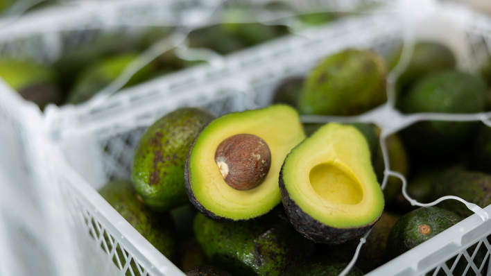 Eine aufgeschnittene Avocado in einer Box voll Avocados © IMAGO / Pond5 Images