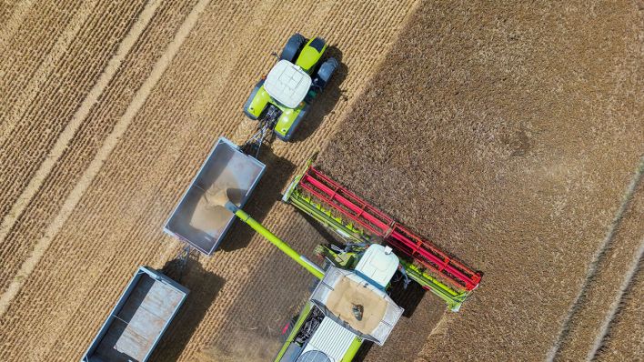 Ein Landwirt erntet mit seinem Mähdrescher Gerste auf einem Feld in Ostbrandenburg © Patrick Pleul/dpa