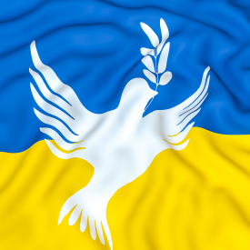 Eine Friedenstaube auf einer ukrainischen Flagge © IMAGO / Panthermedia