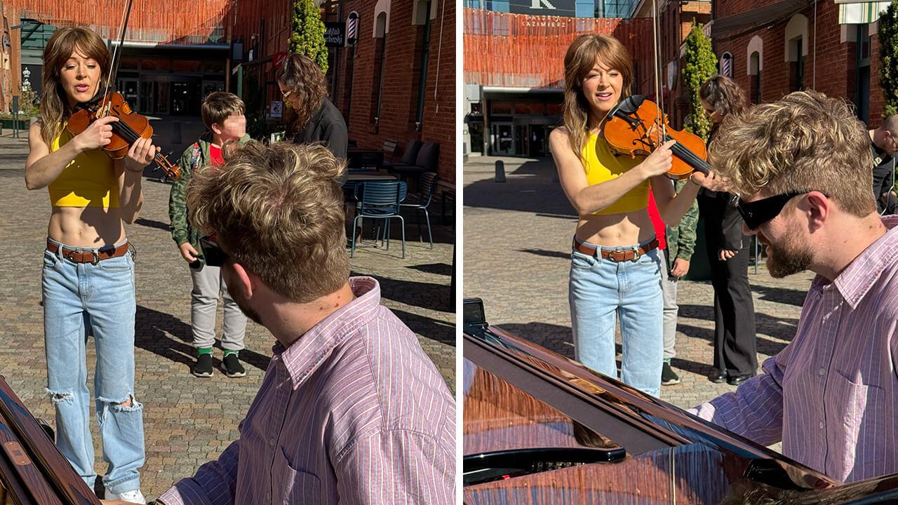 Emilio Piano, YouTube- und Tiktok-Star mit über 10 Millionen Follower bei TikTok, spielt zusammen mit der bekannten amerikanische Violinistin Lindsey Sterling vor einem Einkaufzentrum in Krakau © radioeins/Beate Kaminski