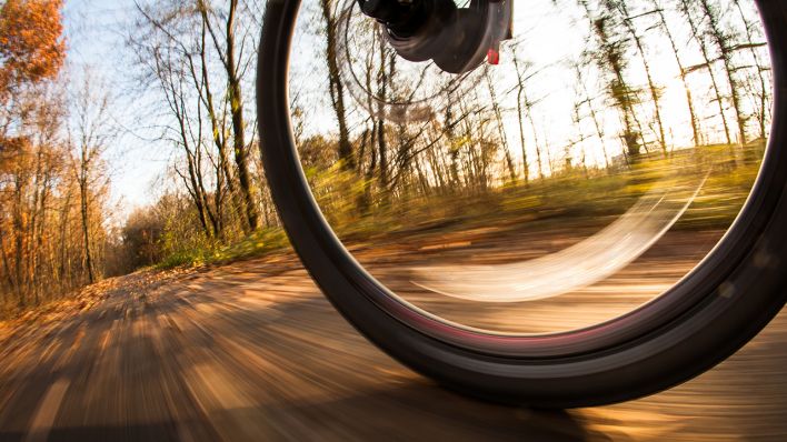 Ein Fahrrad fährt in einem Park © imago images/Panthermedia