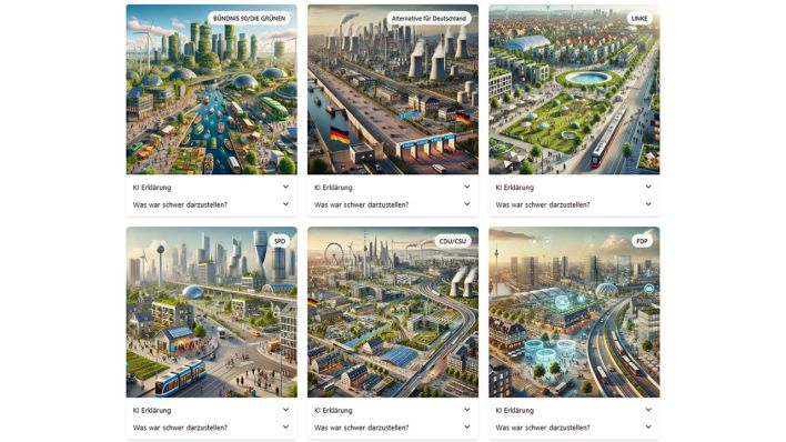 So würde unsere Zukunft aussehen, wenn 100% der jeweiligen Wahlprogramme vollständig umgesetzt werden © Screenshot/bundestagswahl.ai