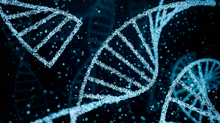 DNA-Stränge in einer flüssigen Umgebung mit Schwebeteilchen