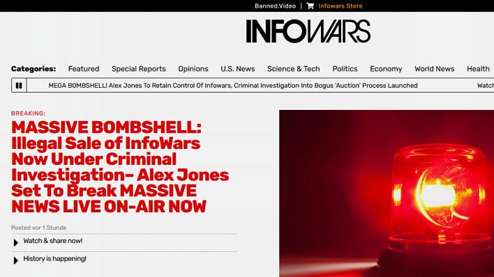 Infowars.com, 15.11.2024: „Massive bombshell – Illegal sale of Infowars now under criminal investigation – Alex Jones set to break massive news“