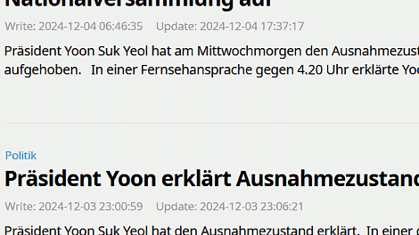 KBS World German – 03.12.2024, 23:00:59: Yoon erklärt Ausnahmezustand – 04.12.2024, 06:46:35: Yoon hebt Ausnahmezustand auf