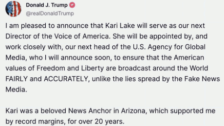 Donald Trump: I am pleased to announce that Kari Lake will serve as our next Director of the Voice of America. She will be appointed by, and work closely with, our next head of the U.S. Agency for Global Media, who I will announce soon.