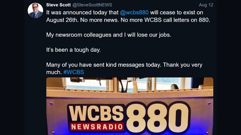 It was announced today that @wcbs880 will cease to exist on August 26th. My newsroom colleagues and I will lose our jobs. It’s been a tough day.